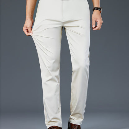 [Durable Build] Men's All-Season Casual Dress Pants - Business Style Stretch Trousers, Comfortable Classic Design, Light Brown Polyester Blend, Machine Washable, Smooth Finish, Regular Fit for Office or Leisure Wear