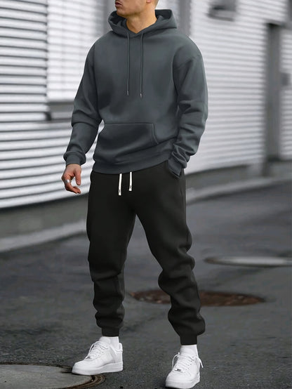 1set Men'S Casual Sports Suit, Polyester Hooded Sweatshirt and Jogger Pants Set, Solid Color, Elastic Waist, Cuffed Ankles, Knit Pullover with Pockets, Regular Fit for Outdoor Running and Jogging - Spring/Autumn Collection