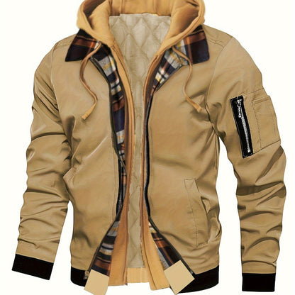 Men'S Warm Fleece-Lined Hooded Jacket with Plaid Details - Casual Winter Coat for Outdoor Activities, Zip-Up, Regular Fit, Polyester Lined, Functional Pockets, Windproof & Warm, Functional Winter Jacket | Stylish Men'S Jacket