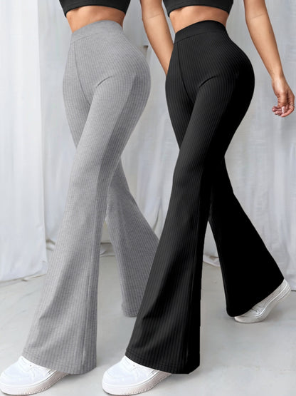 2-Pack Women'S High Waist Flare Leg Pants, Casual Stretchy Yoga Sports Trousers, 96% Polyester 4% Spandex, All-Season Knit Fabric, Solid Color Long Length Pants for Women