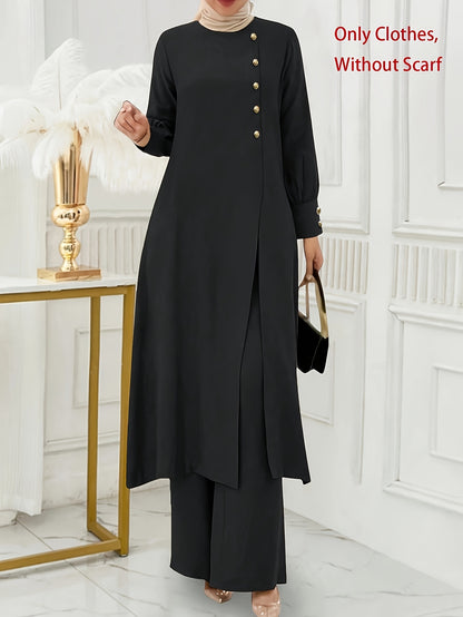 Ramadan, Women's Front-Button Long Sleeve Slit Dress & Pants Casual Arabic Style 2pcs Set, Only Clothes, Without Headscarf