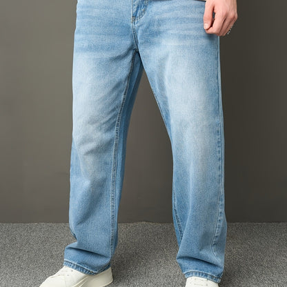 Men's High Street Fashion Solid Color Loose-Fit Denim Jeans, Casual Straight Leg Pants with Raw Wash Detail, Non-Stretch Fabric, All-Season Basic Style, Allseason Jeans | Classic Blue Jeans | Durable Jeans Construction