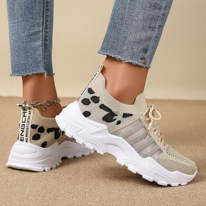 Women's Fashion Leopard Print Lace-Up Sneakers, Breathable Mesh Walking Shoes for Spring/Summer, Lightweight Comfortable Casual Sports Control Footwear with PVC Sole and Microfiber Insole
