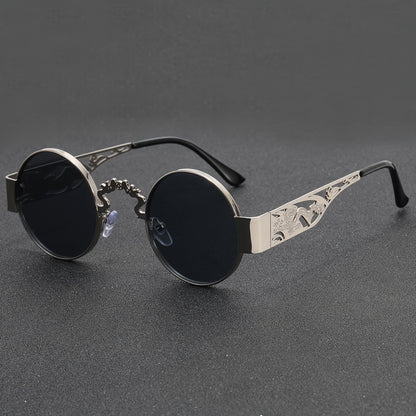 A Pair Of Men's Stainless Steel Retro Round Frame Glasses, Chinese Dragon And Phoenix Carving Hollow Arms, Casual Hip-hop Punk Street Party Fashion Trend Decorative Glasses, With PC Lenses