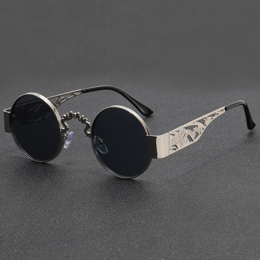 A Pair Of Men's Stainless Steel Retro Round Frame Glasses, Chinese Dragon And Phoenix Carving Hollow Arms, Casual Hip-hop Punk Street Party Fashion Trend Decorative Glasses, With PC Lenses
