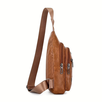 Men'S Vintage Faux Leather Chest Bag - Crossbody Sling Style, Multi-Layer Zippered Front, Brown with Red & White Stripes, Perfect for Casual Outings, Crossbody Bag, Secure Zipper Closure
