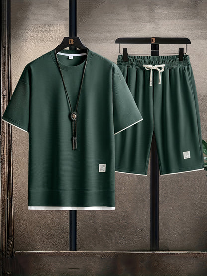 Waffle Grid Men's Trendy Round Neck T-shirt Breathable Casual Sports Suit Loose Two-Piece Set