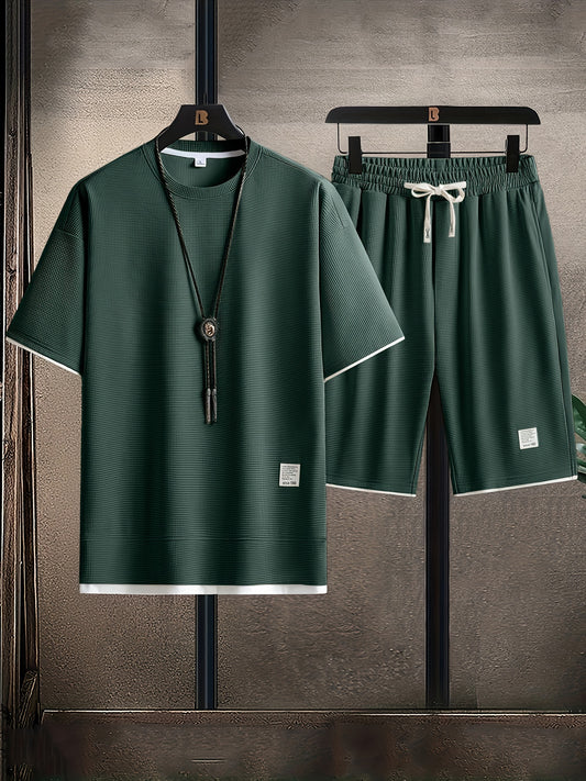 Waffle Grid Men's Trendy Round Neck T-shirt Breathable Casual Sports Suit Loose Two-Piece Set