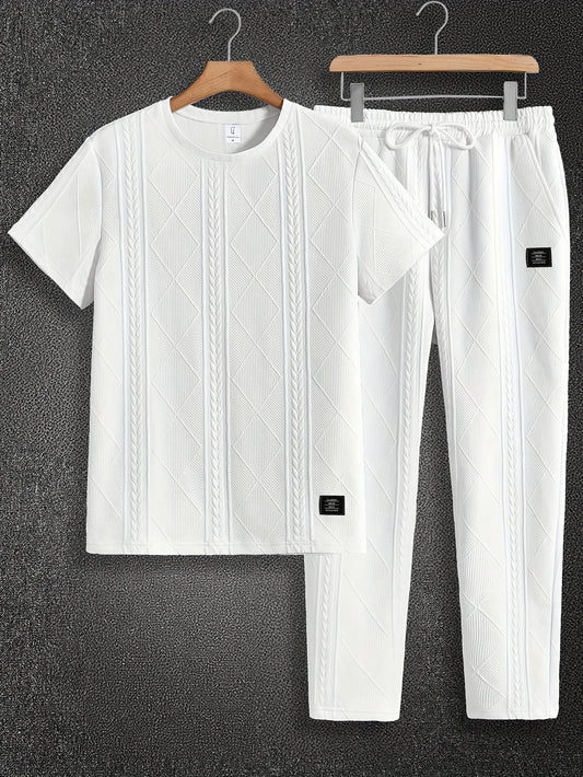 Men'S Textured Round Neck Short Sleeve Pullover & Woven Pants Pajama Set - Brown, Casual Home Wear with Drawstring Waist, Summer Comfort, Everyday Pajamas | Casual Style | Comfortable Fit, Pajamas