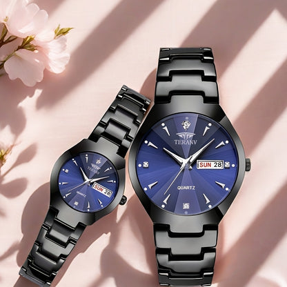 2pcs Couple Watches for Men & Women - Stainless Steel Strap, Rhinestone Accents, Luminous HD Display with Week Calendar, Quartz Movement, Elegant Gift for Valentine's Day, Mother's Day, Father's Day, Special Occasion Watch |