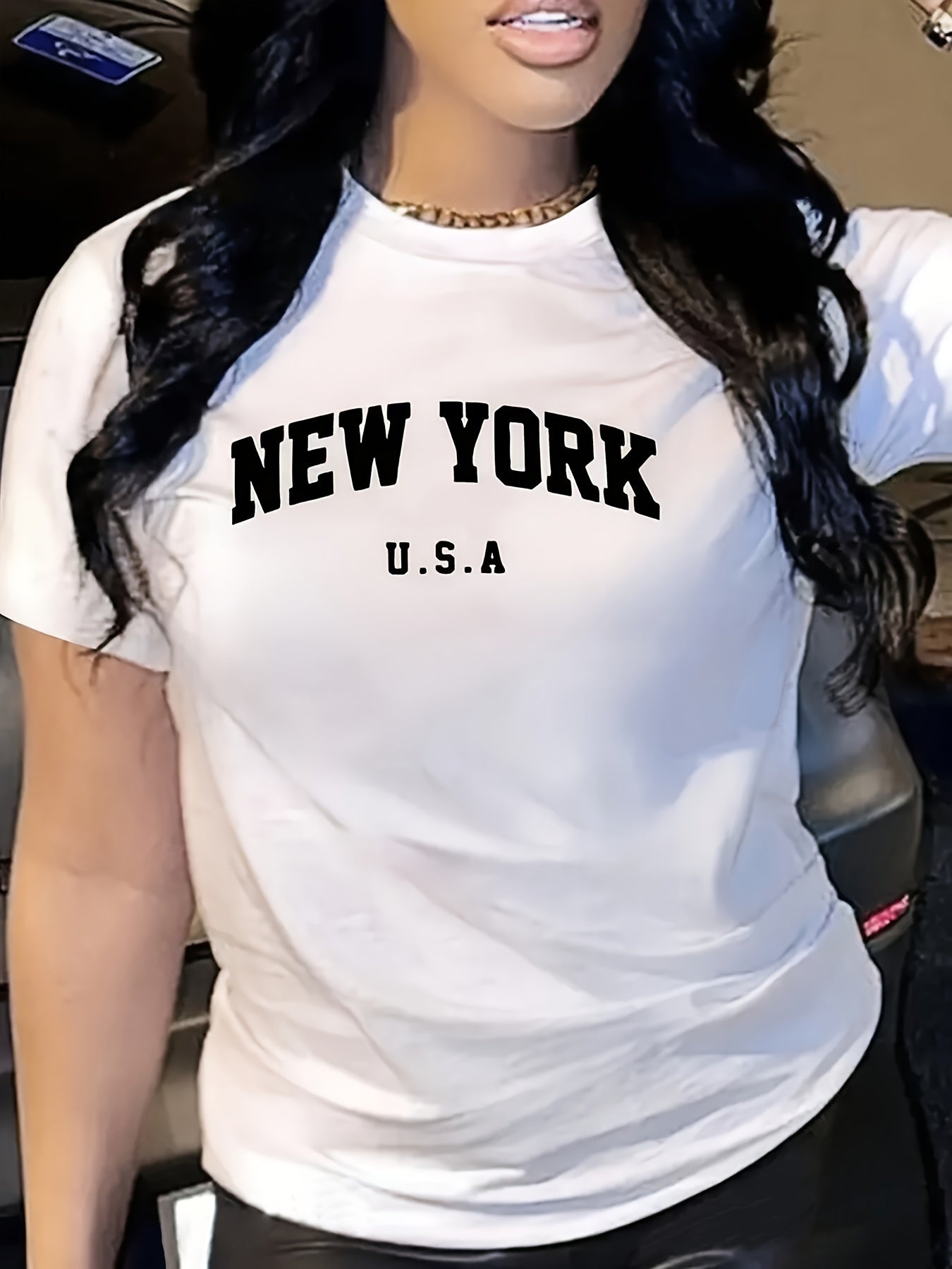 Women's Casual Semi-Sheer T-Shirt with Bold "NEW YORK U.S.A." Letter Print - Round Neck, Medium Stretch, Machine Washable, All-Season Comfort Fit, Ladies T Shirts, Relaxed Fit Top, Trendy Graphic Tee, Mediumstretch Fabric