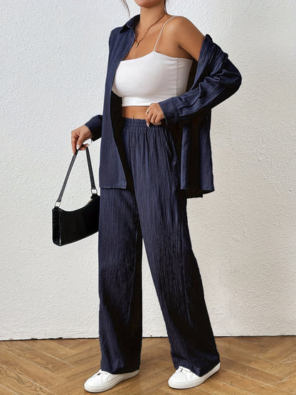 2pcs Women Spring & Autumn Casual Solid Color Long Sleeve Shirt And Pants Set
