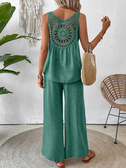Women'S Summer Backless Cut-Out Panel Tank Top + Wide Leg Pants Set - Casual, Simple, Sleeveless, Polyester, Light Beige, Perfect for Spring/Summer, Casual Attire|Backless Top|Polyester Fabri