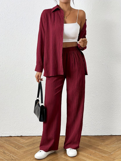2pcs Women Spring & Autumn Casual Solid Color Long Sleeve Shirt And Pants Set