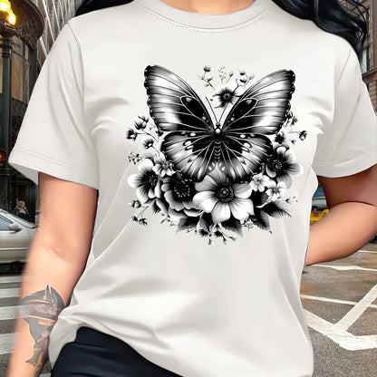 Circle Chic Butterfly Print T-Shirt - Exquisite Design, Casual Round Neck Top - Breathable and Lightweight, Perfect for Spring/Summer Wardrobe