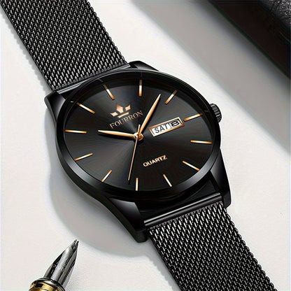 FOURRON Men's Luxury Stainless Steel Quartz Watch with Date & Calendar - Luminous, Fashionable Casual Design for Business, Travel & Casual Attire - Perfect Birthday Or Holiday Gift Valentine's Day