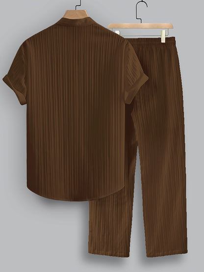 2pcs Men's Summer Casual Striped Polyester Outfit Set, Short Sleeve Stand Collar Shirt and Drawstring Pants, Non-Stretch Woven Fabric, Regular Fit for Daily Wear and Beach Vacation, Plain Color, Beach Vacation