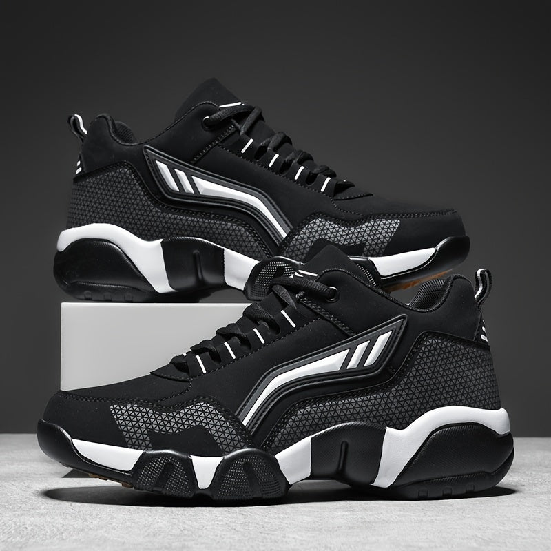 Men's Casual Sporty Sneakers - High Quality PU Upper, Non-Slip Rubber Sole with Cushioned Comfort & Inner Arch Support, Low-Top Lace-Up Design for All-Day Wear (Black/White) - Spring/Fall/Winter Seasonal Versatility, Comforta