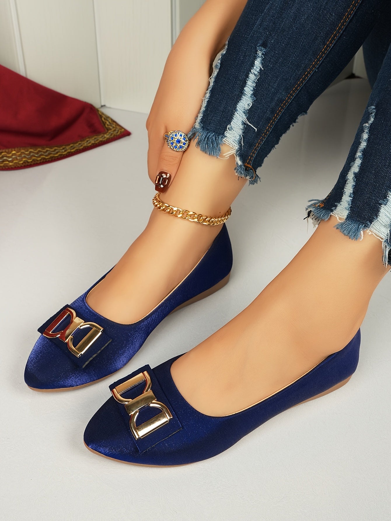 Women's Elegant Red Slip-On Flats with Golden Double Buckle Design - Comfortable Faux Cover Shoes for All Seasons, Pointed Toe Rubber Sole, Perfect for Casual or Dressy Occasions, Dressy Flats | Buckle Embellished Shoes | Lux