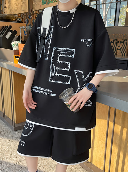 Pei Kuan's Choice Summer Men's Sports Suit Youth Student Casual Suit Two-piece Suit T-shirt Shorts Set Short Sleeve Shorts Set One Suit Breathable and Comfortable Sweat Absorbent
