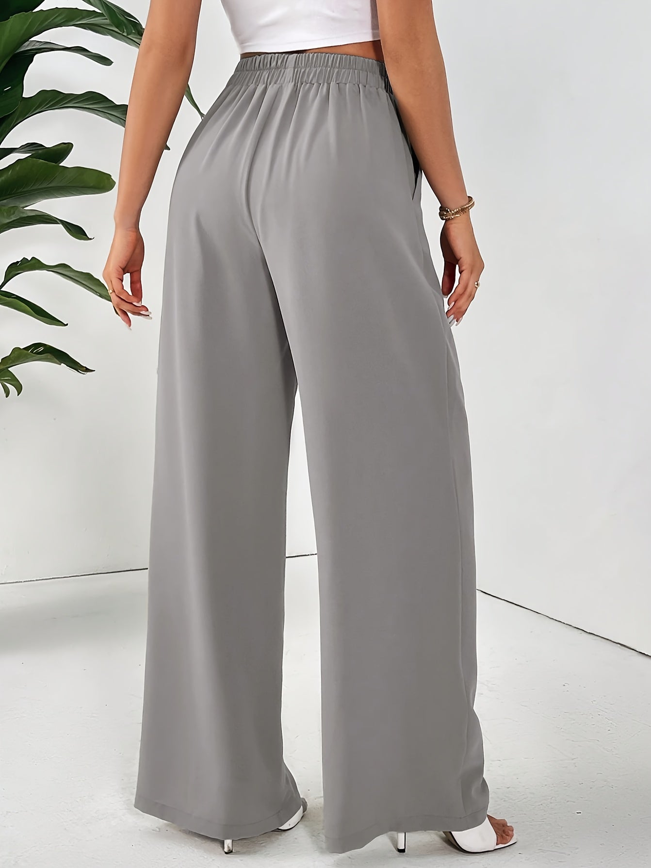 Women'S Elegant Wide Leg Pants - Beige Loose Fit with Elastic Waist, Comfortable Polyester Fabric for Spring/Summer Vacations, Casual Chic Style