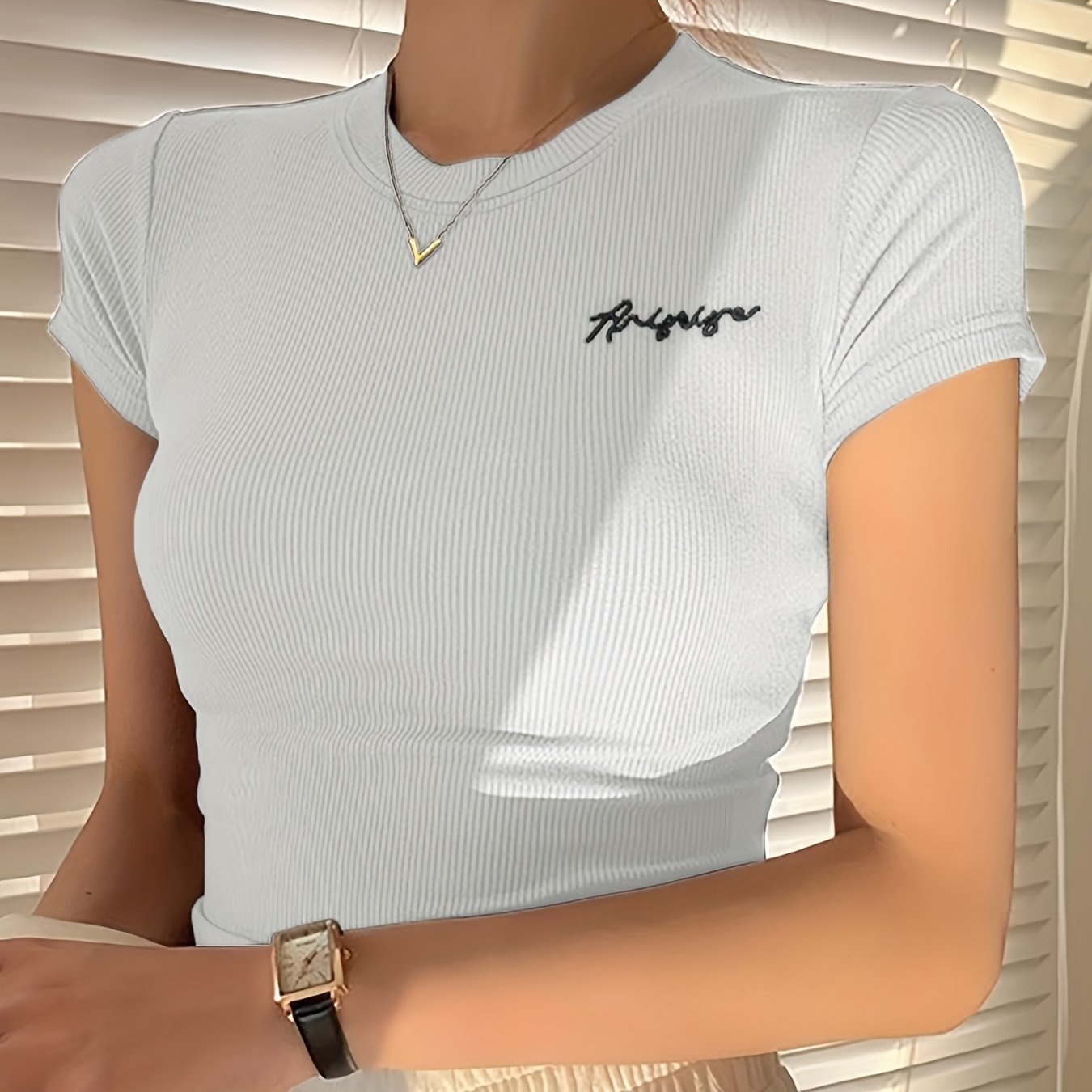 Women's Summer Slim Fit Short Sleeve T-Shirt - High Elasticity Breathable Fabric with Black Letter Embroidery, Versatile Casual & Office Wear, Elegant Collection, Cute Short Sleeve Tops, Everyday Comfort Tee, Slim Fit Tee, Sm