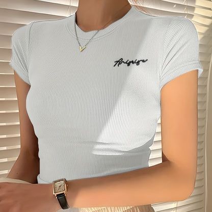 Women's Summer Slim Fit Short Sleeve T-Shirt - High Elasticity Breathable Fabric with Black Letter Embroidery, Versatile Casual & Office Wear, Elegant Collection, Cute Short Sleeve Tops, Everyday Comfort Tee, Slim Fit Tee, Sm