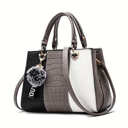 Cocogigi Elegant Women'S Crocodile Pattern Handbag with Removable Strap, Large Capacity, Black & White Design, Stylish Handbag for Mom, Friend, Or Gift, Crocodile Texture
