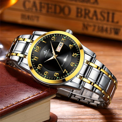 FOURRON Men's Quartz Watch - Trendy and Fashionable Appearance Stainless Steel Band with Luminous & Date Display, Ideal Gift for Birthdays & Holidays, Sunday Calendar Display, Multifunctional Watch, Casual Fashion, Gift for R