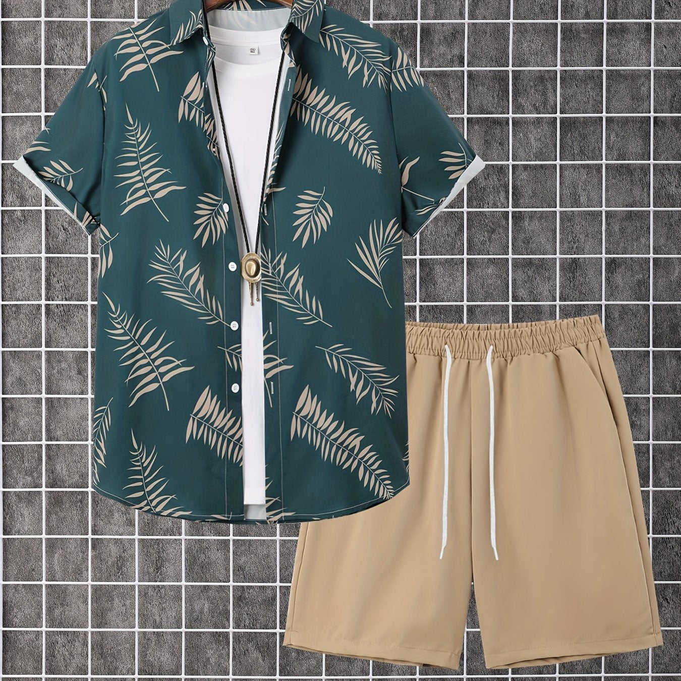 2-piece Men's Holiday Style Summer Outfit Set, Leafs Pattern Print Short Sleeve Button Up Lapel Shirt Top & Solid Drawstring Shorts With Pockets