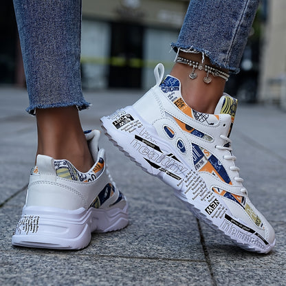 Men'S & Women'S Graffiti Couple Sneakers, All-Season Lightweight Cushioned Running Shoes, Stability Pronation, Cartoon Pattern, MD Sole, EVA Insole, Polyurethane Upper, Fabric Lining