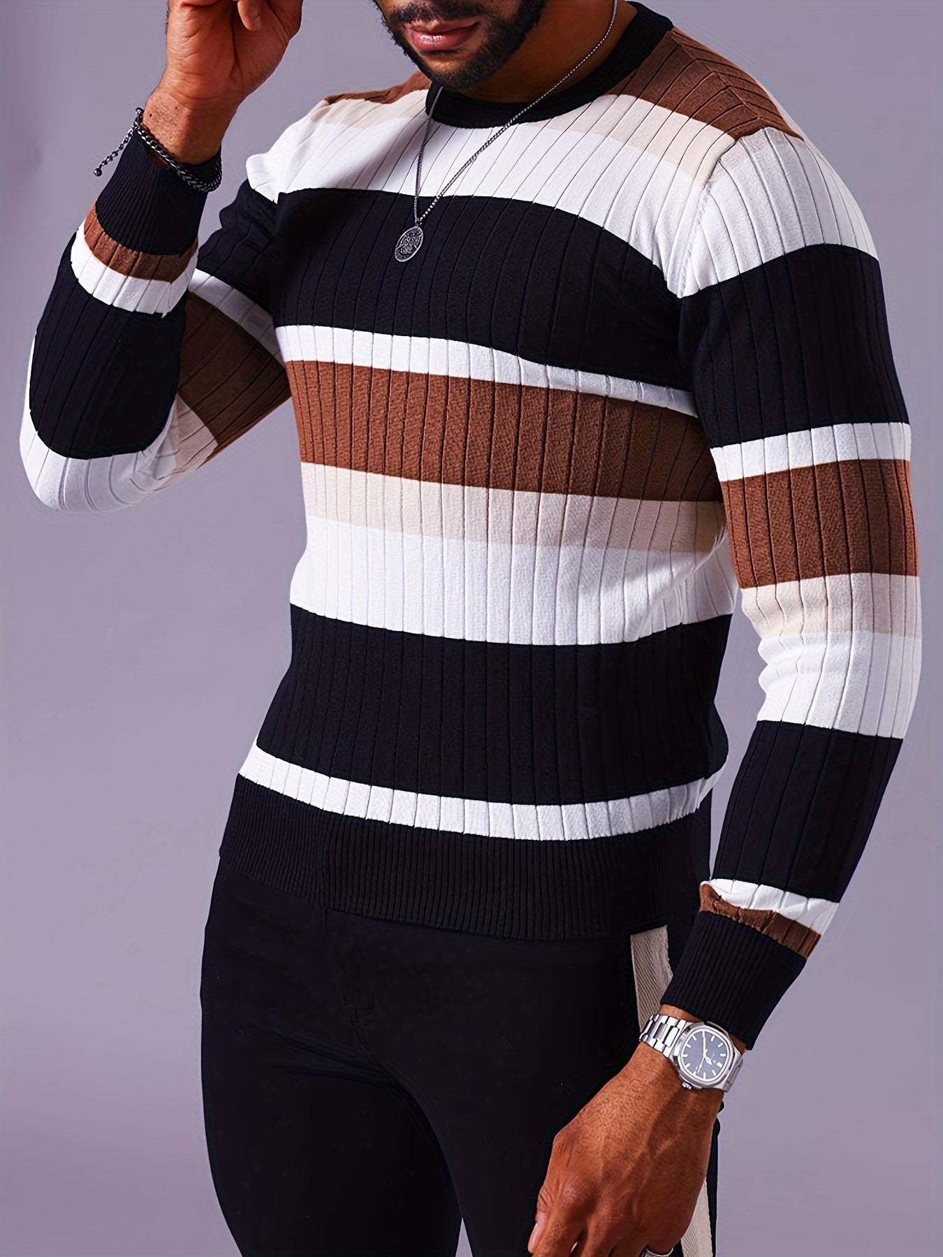 Men's Striped Color-Block Ribbed Knit Sweater - Long Sleeve Round Neck Pullover with Elastic Comfort Fit, Machine Washable Casual Fall Winter Top in Black/White/Green/Beige, Knit Sweater, Medium Elasticity