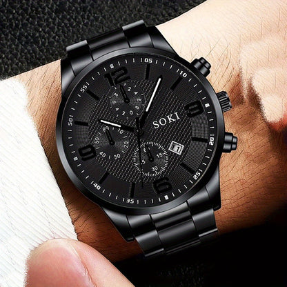 1pc Men'S Fashionable Business Quartz Watch with Black Dial, Stainless Steel Band & Alloy Case - Ideal Gift for Father, Husband, or Friend - Everyday Wearable Timepiece, Formal Accessory | Sleek Black Watch | Alloy Case Watch