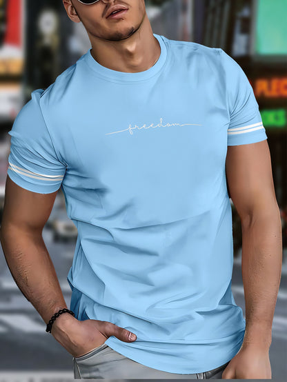Men'S "Freedom" Graphic T-Shirt - Black Casual Crew Neck Tee with White Stripes, Breathable Polyester Blend, Regular Fit for Casual Attire, Everyday Tshirt | Bold Print Tee | Comfortable Fit, Knit