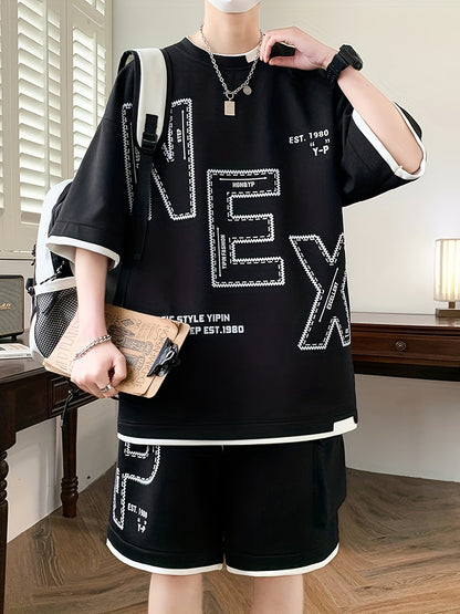 Pei Kuan's Choice Summer Men's Sports Suit Youth Student Casual Suit Two-piece Suit T-shirt Shorts Set Short Sleeve Shorts Set One Suit Breathable and Comfortable Sweat Absorbent