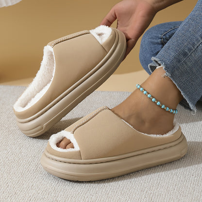 Women's Plush Slip-On House Shoes - Soft Open-Toe Indoor Slippers, Non-Slip Cushioned EVA Sole, All-Season Cozy Lounge Footwear Black/Gray/Beige/Pink/White - Elegant Home Decor Gift for Women, Simple Design, Durable Sole
