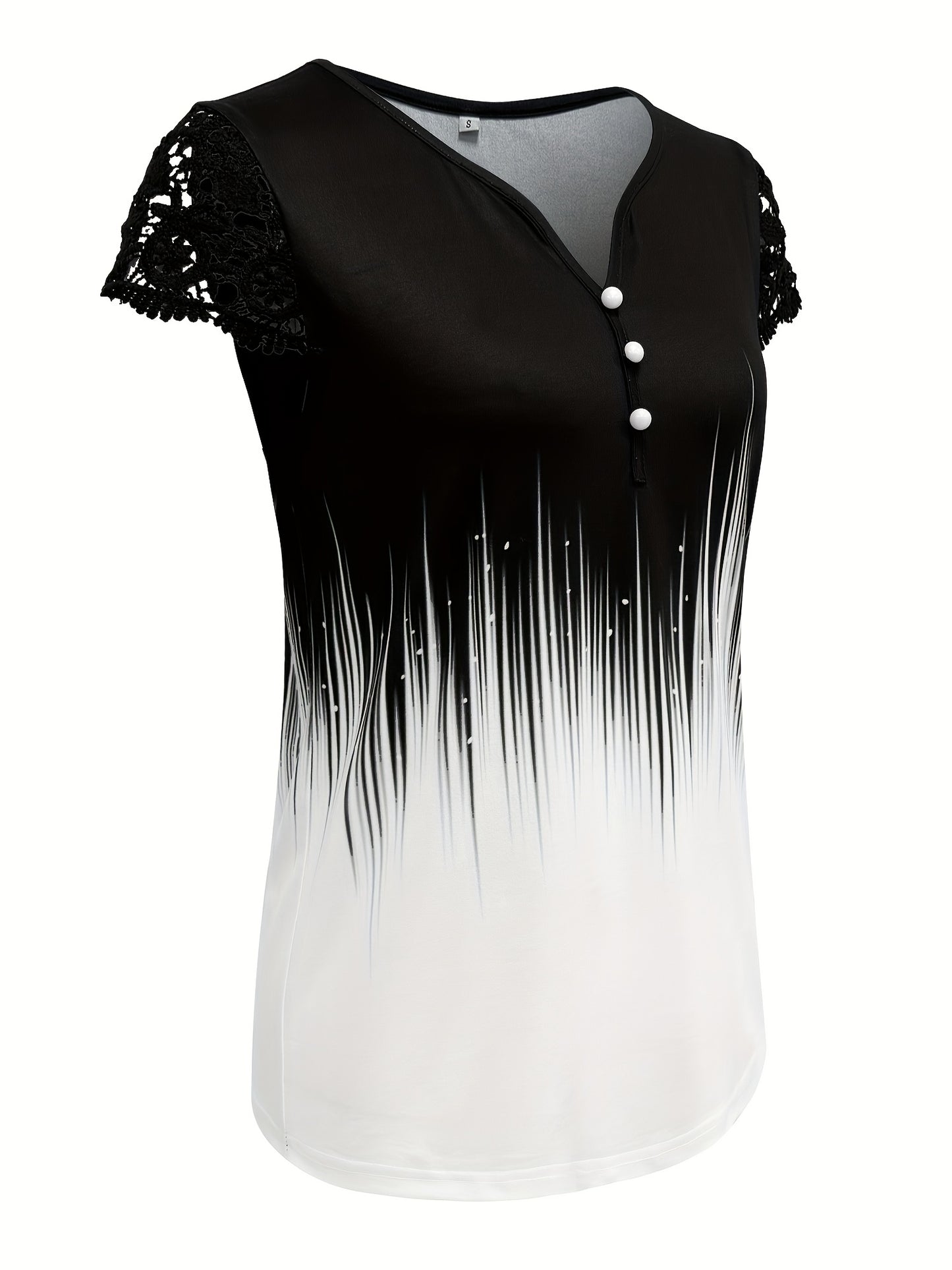 Women's Summer V-Neck Contrast Color-Block Button-Front T-Shirt with Lace Sleeve Accents - Casual Short Sleeve Top, Regular Fit, Machine Washable, Elegant Contrast Design for Casual & Dressy Outfits