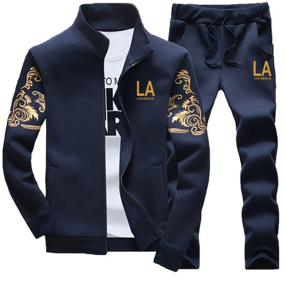 Men's Casual 2-Piece Outfit, Stylish Printed Full Zip Jacket & Drawstring Pants, Casual Sportswear Suit