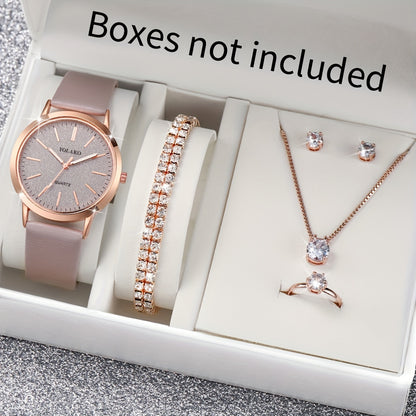 Women's Casual Quartz Watch with Frosted Scale Dial + Jewelry Set 6pcs/set without Watch Box
