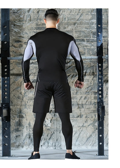 Men'S 3pcs Athletic Set, Breathable Mesh Long Sleeve Top, Skinny Fit Polyester & Spandex, Crew Neck, Solid Color, High Stretch, for Running, Basketball, Hiking, Training - Fall/Winter Sports Outfit