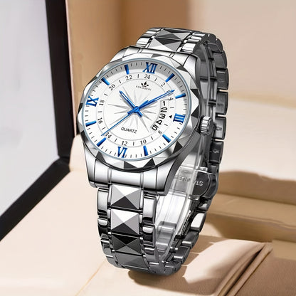 A New FOURRON Brand Men's Quartz Watch With Stainless Steel Strap And Case, Trendy And Luxurious Multi-functional Roman Numeral Dial, Luminous Watch, A Great Gift For Friends' Birthdays, Holidays, And Parties.