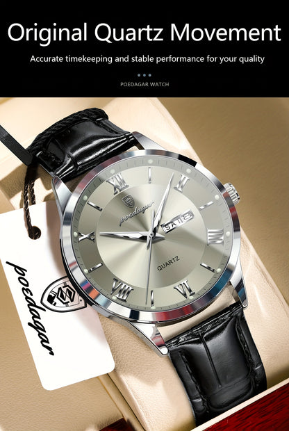 Luxury Leather Strap Men's Watch Waterproof Luminous Calendar Week Wristwatch Simple Business Fashion Sports Men's Watch