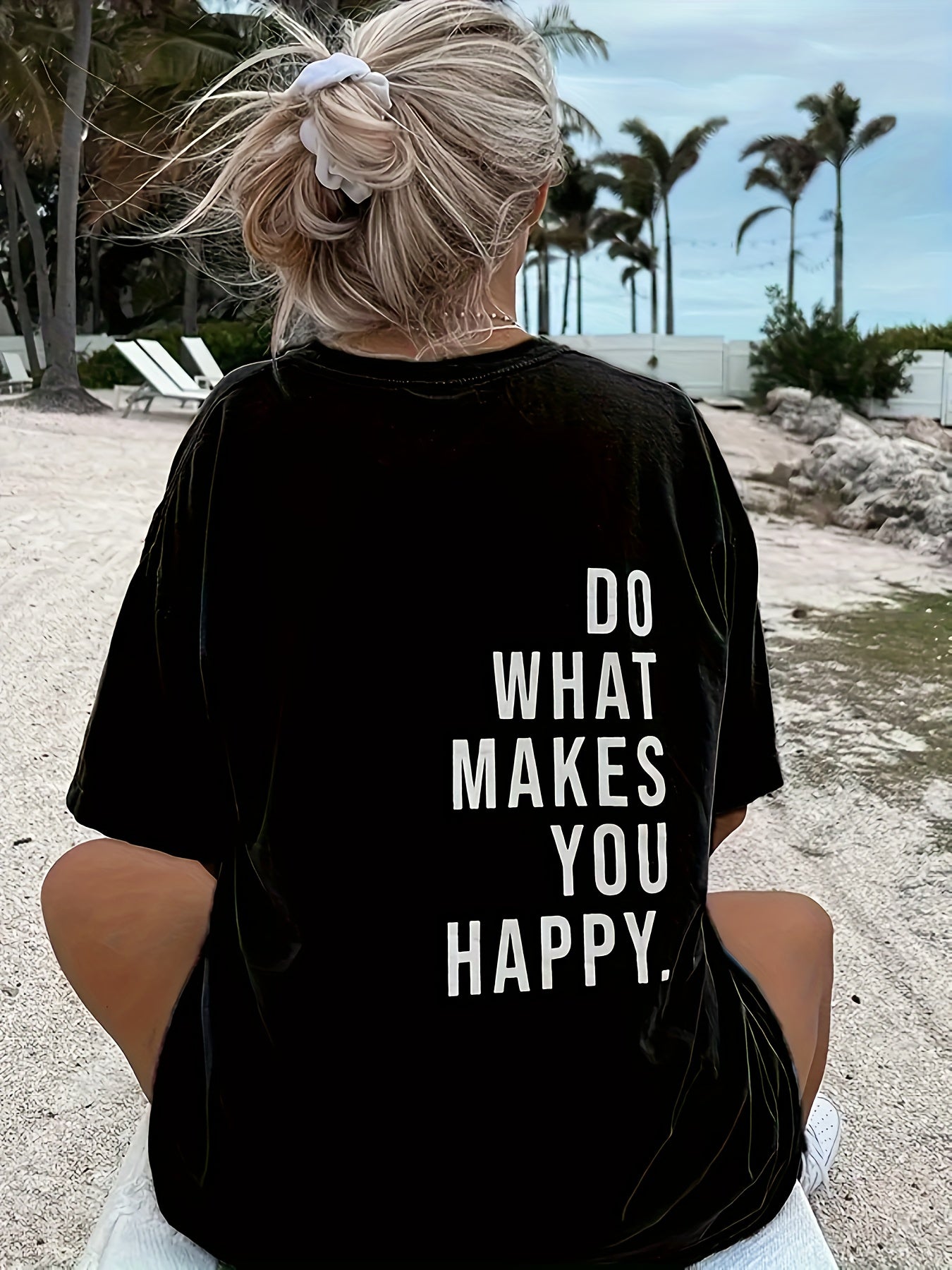 [Spring Apparel] Do What Makes You Happy" Letter Print T-Shirt for Women - Casual Crew Neck, Short Sleeve Top in Soft Polyester Blend, Machine Washable, Perfect for Summer & Spring, Cute Shirts