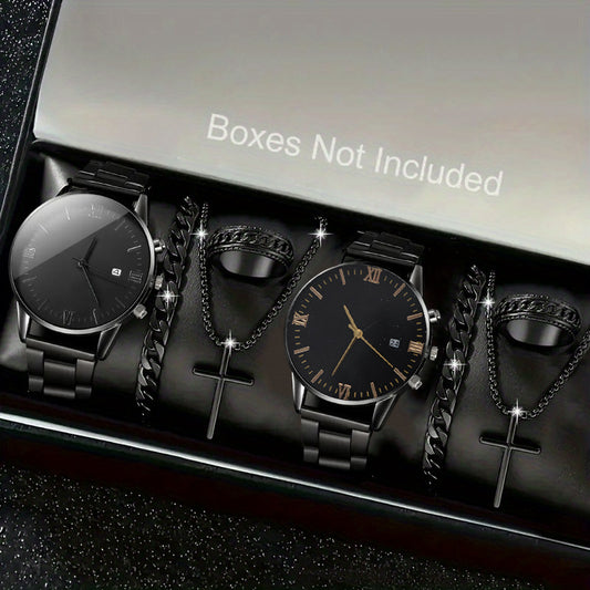 8pcs/set Men'S Black Minimalist Quartz Watch Set with Bracelet, Necklace, And Ring – Elegant Timepiece Gift Box for Casual And Formal Use, Box not included