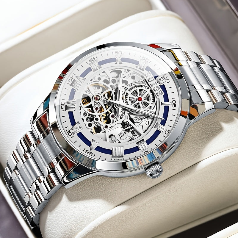 Dianpai Men'S Luxury Automatic Mechanical Watch - Skeleton Design, Stainless Steel Strap, Blue & White Dial, Mechanical Movement, Ideal for Christmas, Thanksgiving, and Spring Festival, Without Battery