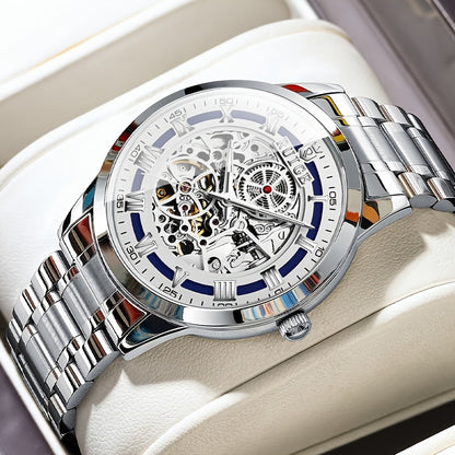 Dianpai Men'S Luxury Automatic Mechanical Watch - Skeleton Design, Stainless Steel Strap, Blue & White Dial, Mechanical Movement, Ideal for Christmas, Thanksgiving, and Spring Festival, Without Battery