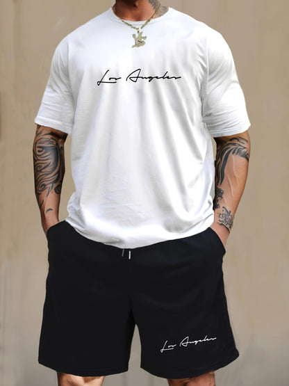 Men'S Casual 2pcs Set, Los Angeles Print, Short Sleeve Crew Neck T-Shirt & Knee-Length Shorts, Polyester & Spandex Blend, Comfortable Home Wear, All-Season Knit Fabric with Pockets, Regular Fit