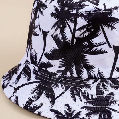 1pc Men's Reversible Bucket Hat with Black & White Palm Tree Print - Vacation Style Sun Protection for Beach Parties, Outdoor Activities & Daily Leisure, Beach Hat, Casual Headwear, Summer Accessory