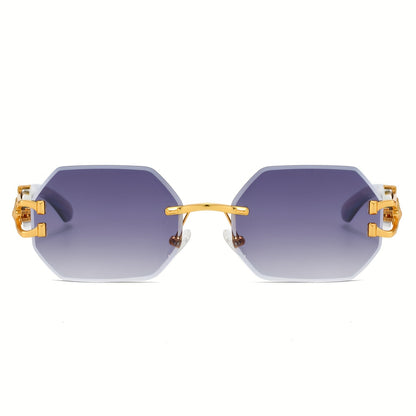 1pc Retro Frameless Glasses for Men & Women, Irregular Shaped PC Lens, Metal Hinge, Climbing Sports, Imitation Wood Grain, Fashionable Decorative Eyewear, Suitable for Daily Wear & Holiday