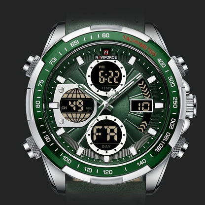 NAVIFORCE Men's Luxury Sports Quartz Watch - Waterproof, Genuine Leather Strap, Dual Display with Date & Chronograph Functions, Case, Green Accents, Luxury Timepiece|Tachymeter Equipped|Genuine Leather Band Valentine's Day